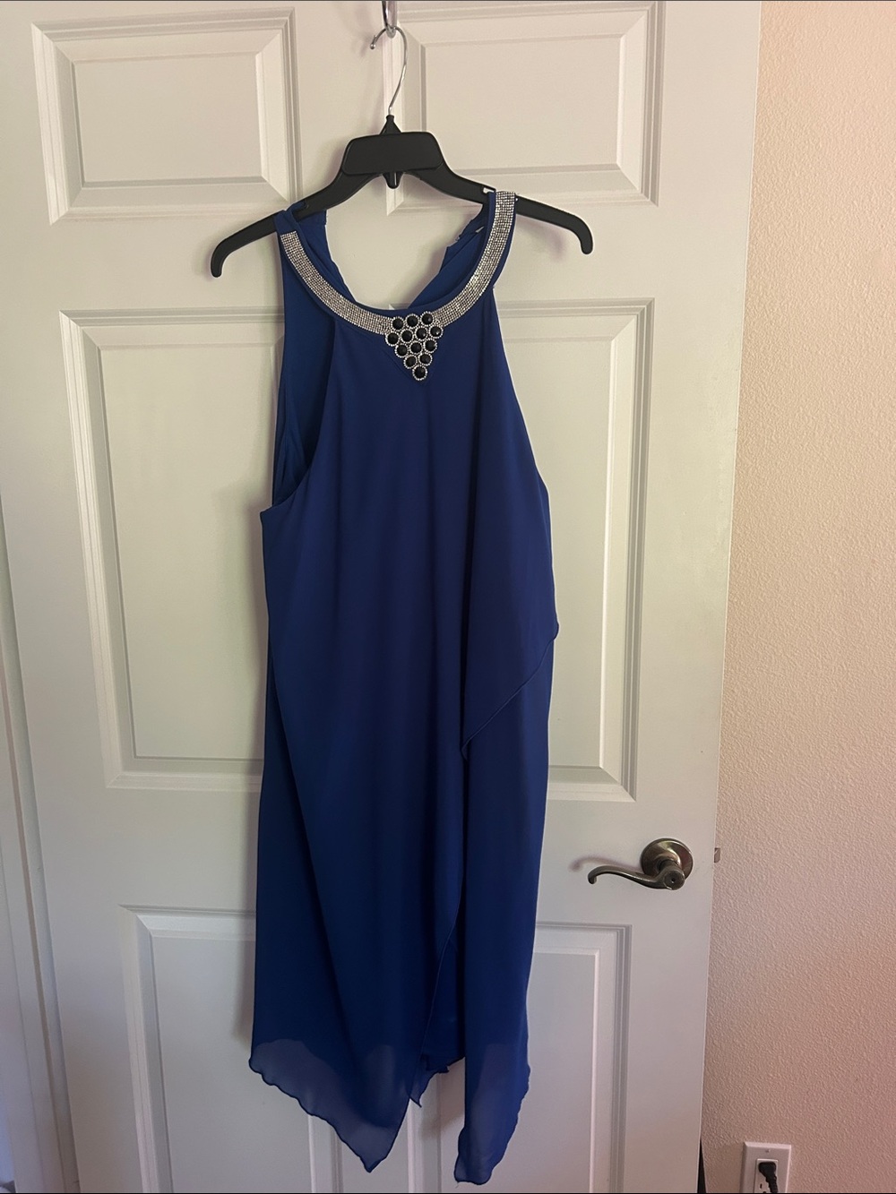 Embellished One-Shoulder Asymmetrical Dress in Royal Blue